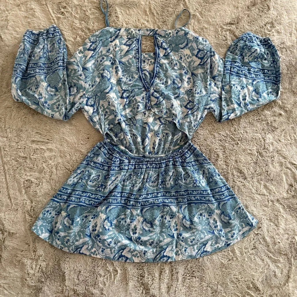 Free People‎ Washed Blue Silver Sun Floral Blouson Open Back Dress Sz S Summer - Image 8