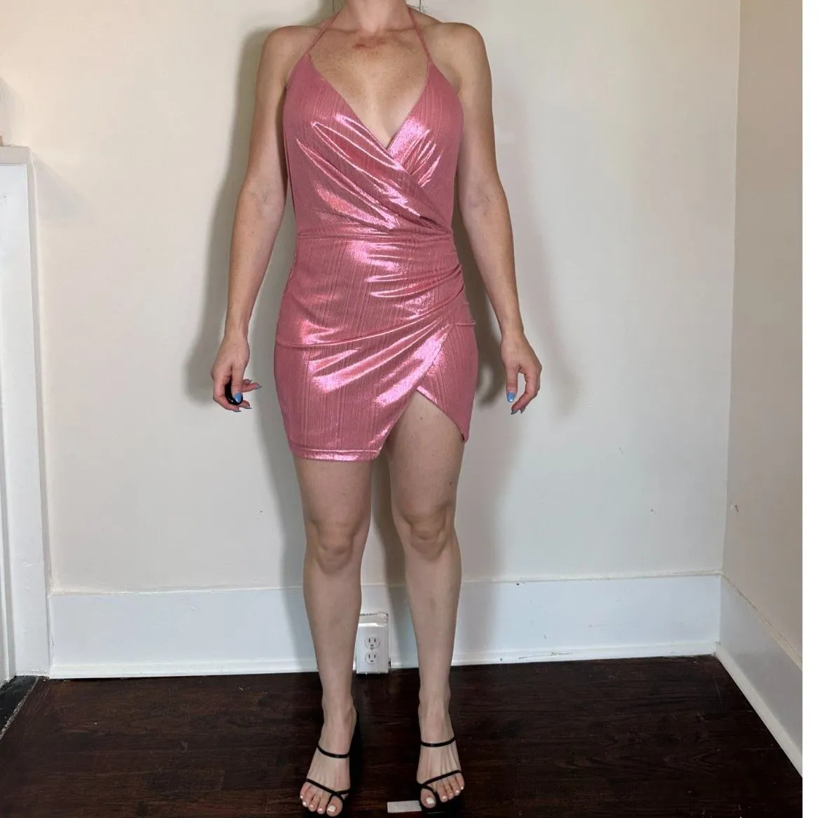 Superdown Missie Wrap Front Dress Hot Pink Sparkly Shiny Dress Size Small - Image 7