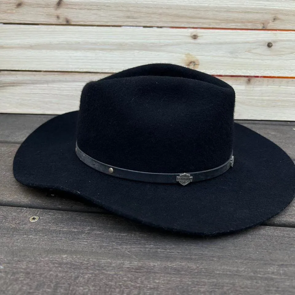 Vintage Black Wool Harley Davidson Cowboy Hat w/ Leather Strap Silver Buckle USA - Image 5