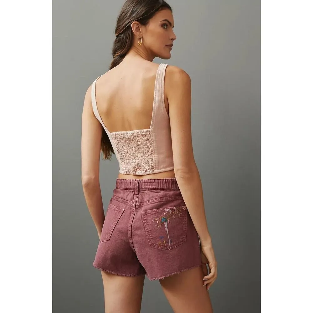 XS Pilcro Embriodered Scrunchie Shorts Anthropologie Maroon Embroided Floral - Image 2