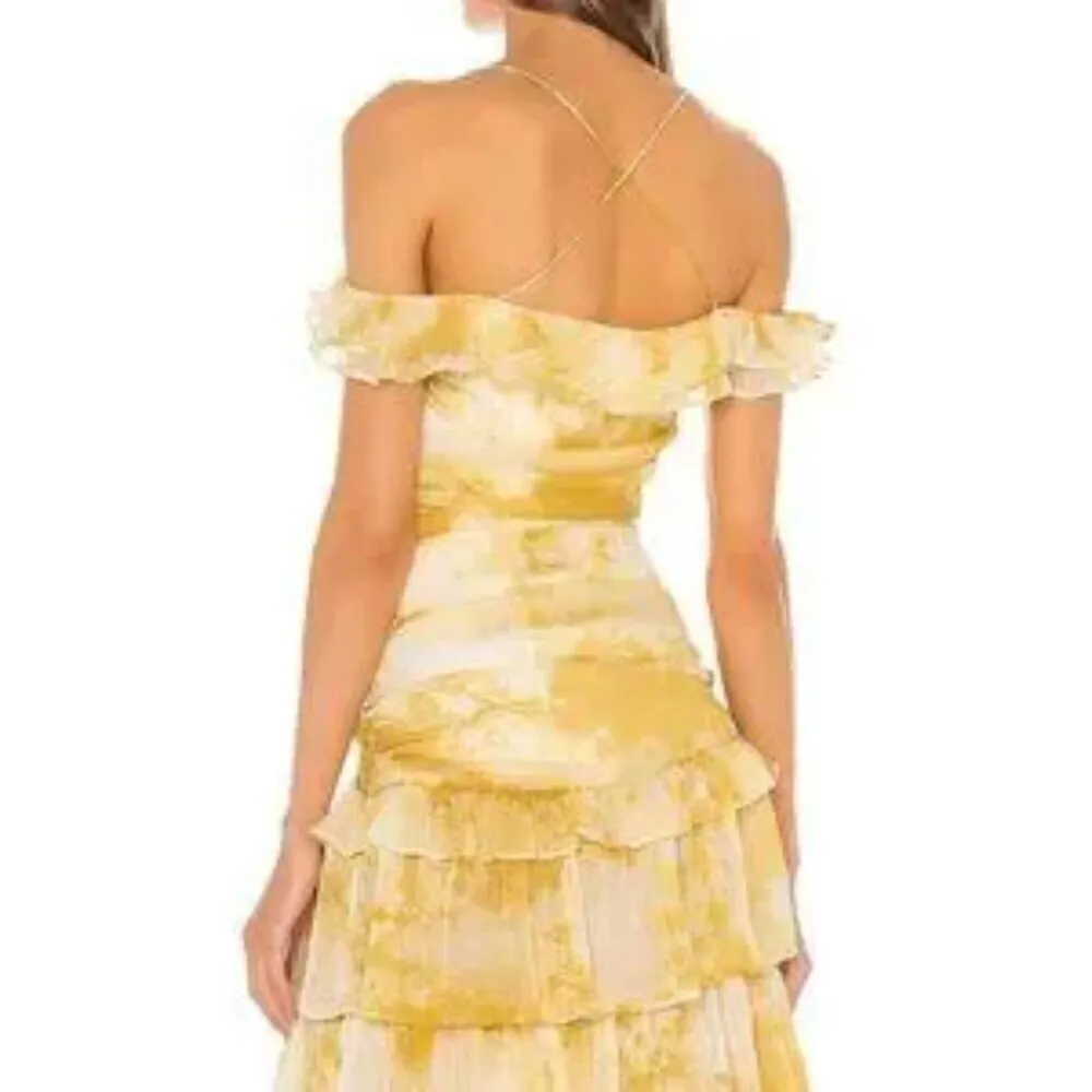 NEW Atoir Back To Love Off the Shoulder High Slit Tiered Ruffle Maxi Dress Gold Size 8 - Image 5