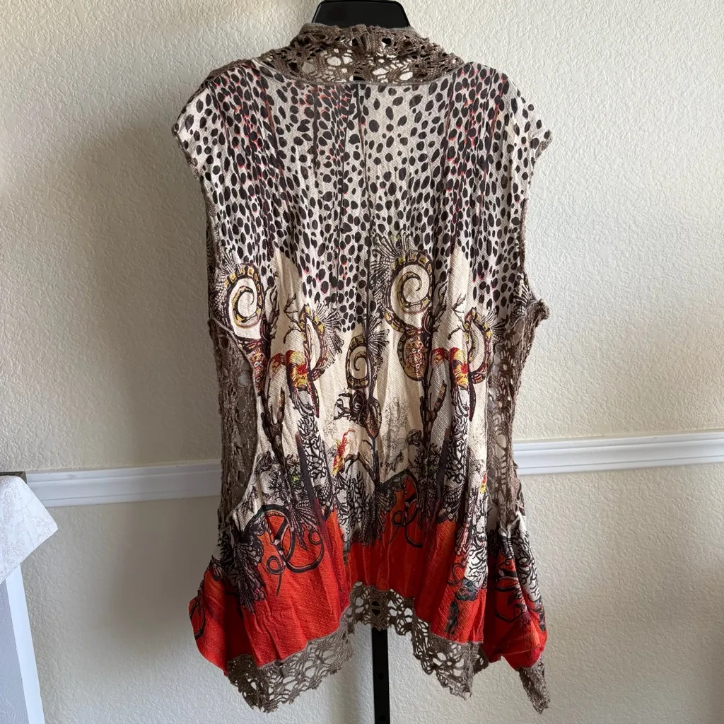 Tempo Paris Boho Crochet Size Medium Brown Animal Print Fall Layering Kimono - Image 2