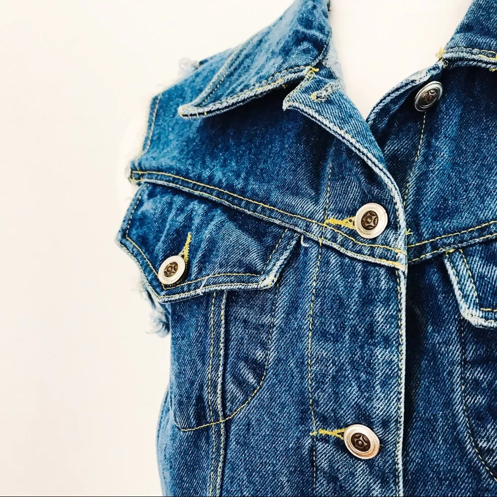 Vintage Distressed Denim Vest | Size S Blue - Image 4
