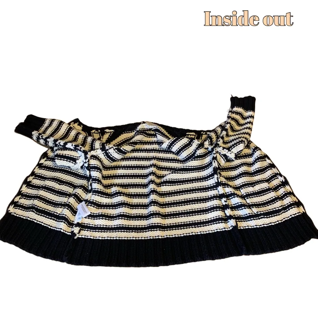 LOFT BLACK & OFF WHITE STRIPED CHUNKY KNIT COTTON CARDIGAN SWEATER (M) - Image 9