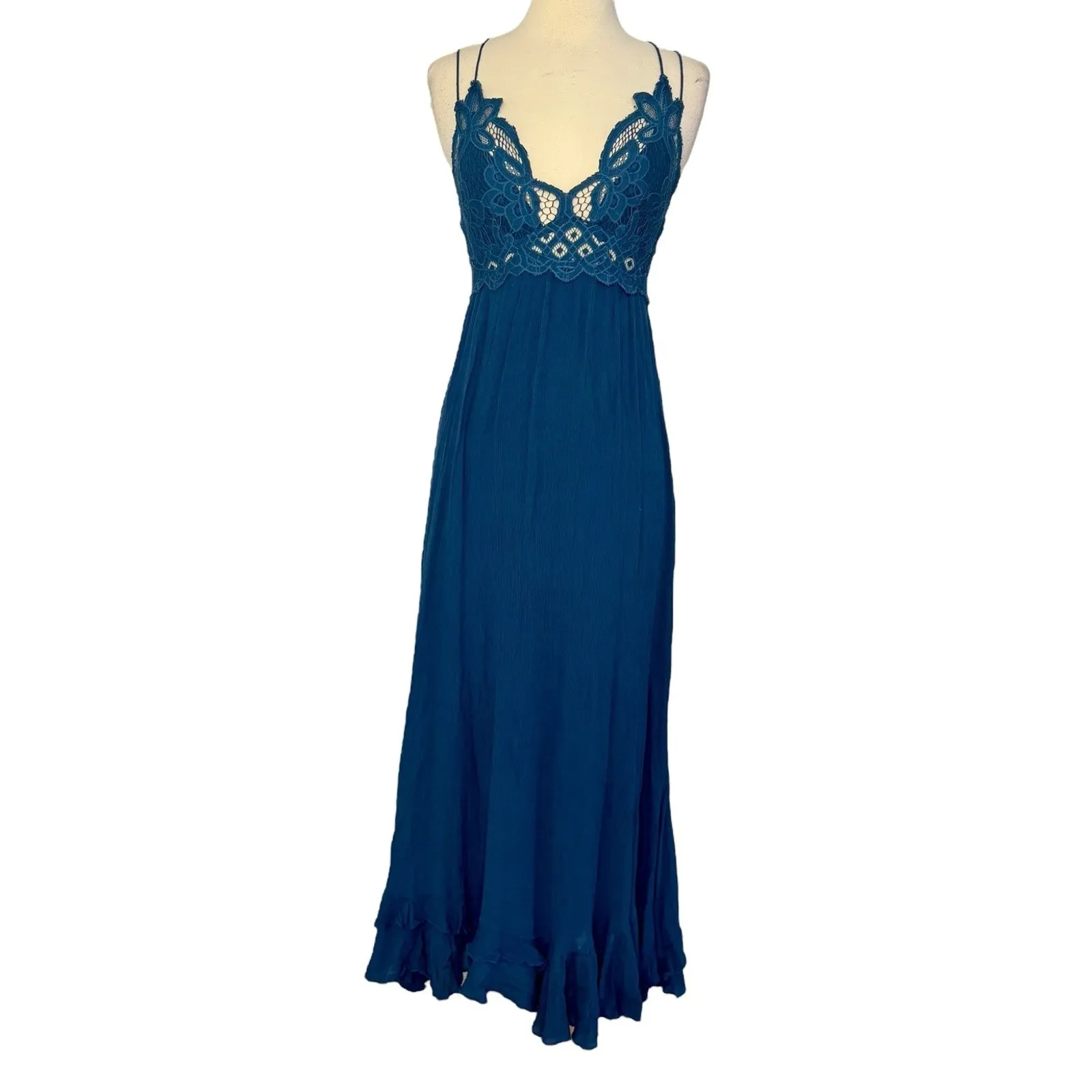 FREE PEOPLE Adella Maxi Slip Dress Teal Blue Lace Boho Chic Crochet Ruffled XS - Image 5