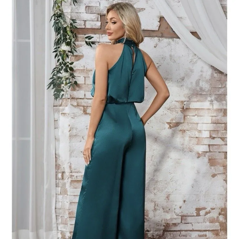 JJ’s House Halter Sleeve Satin Maxi Jumpsuit Romper #418670 Sz XL Peacock Satin - Image 2