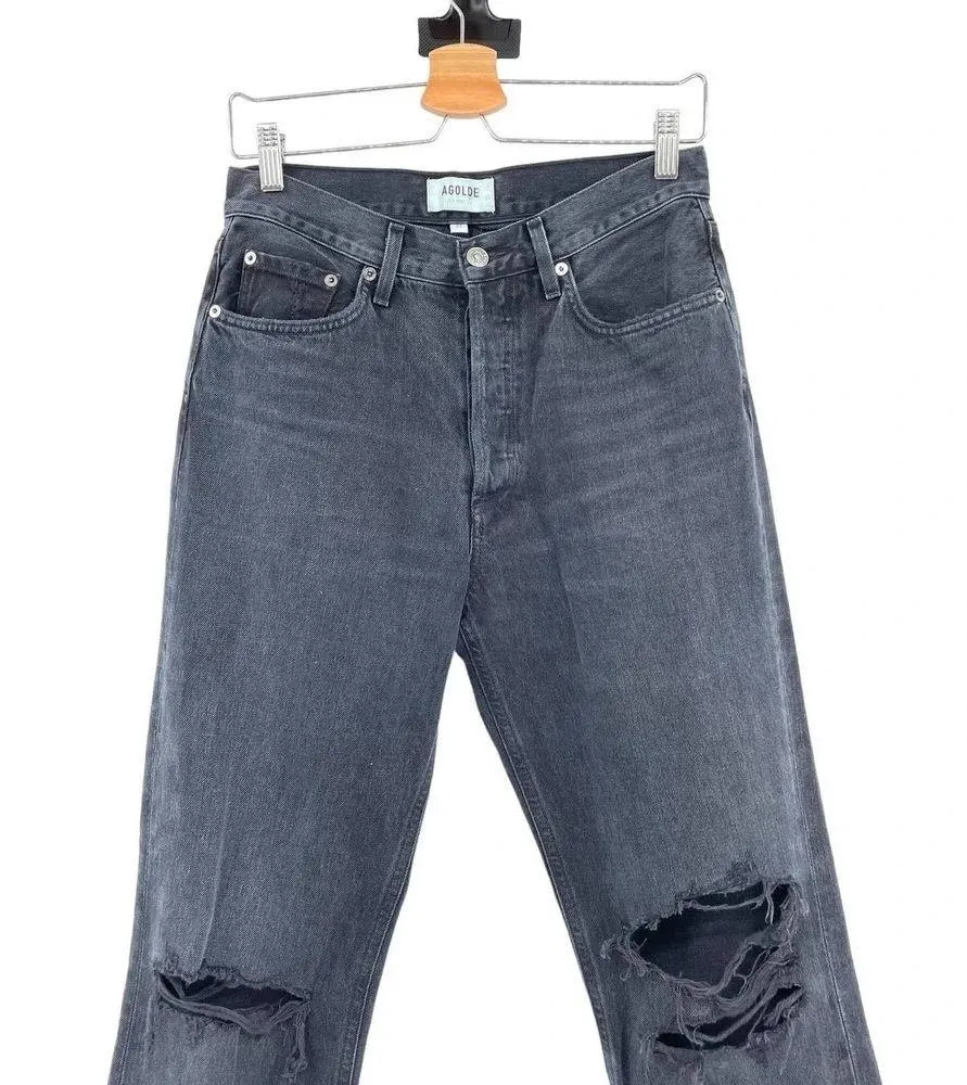 Agolde Lana Straight Jeans Disorder Wash Denim Distressed Charcoal Black Size 27 - Image 3