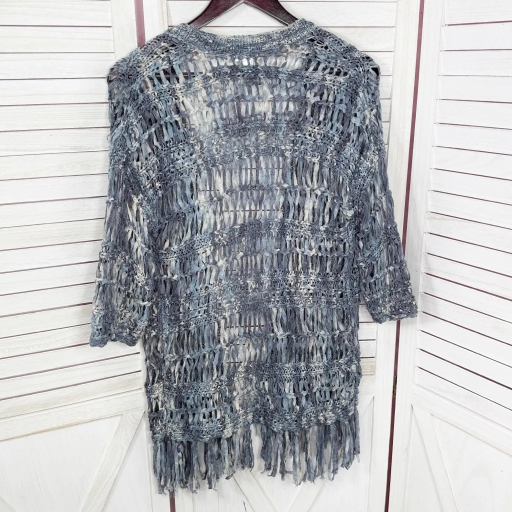 Chico's Boho Open Ribbon Yarn Knit Fringe Cardigan Sweater Denim Blue Small - Image 9