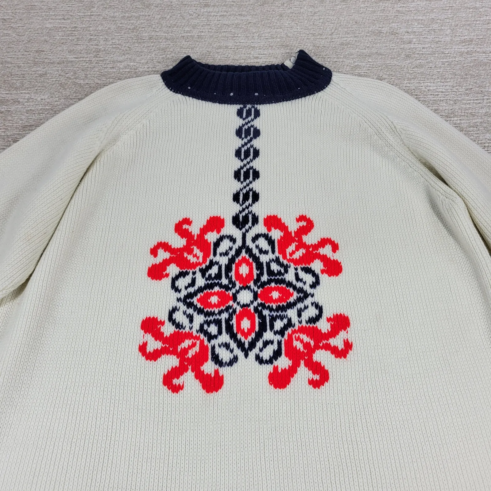 Vintage Nordic Knit Sweater Cream Red Navy Mock Neck Acrylic Wool Blend @L/XL White Size L - Image 7