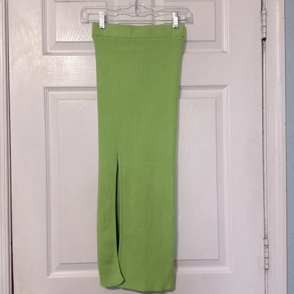 Sorelle UK Neon‎ Green Ribbed Maxi Skirt With High Slit Size XS - Image 3