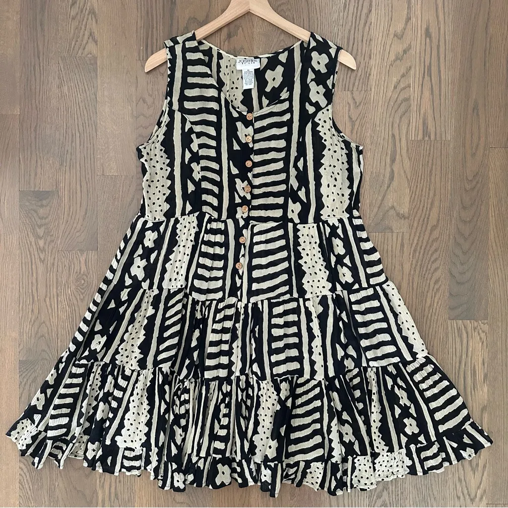 Vintage 90s Grunge Abstract Mudcloth Print Tiered Babydoll Gauze Dress Black M - Image 6
