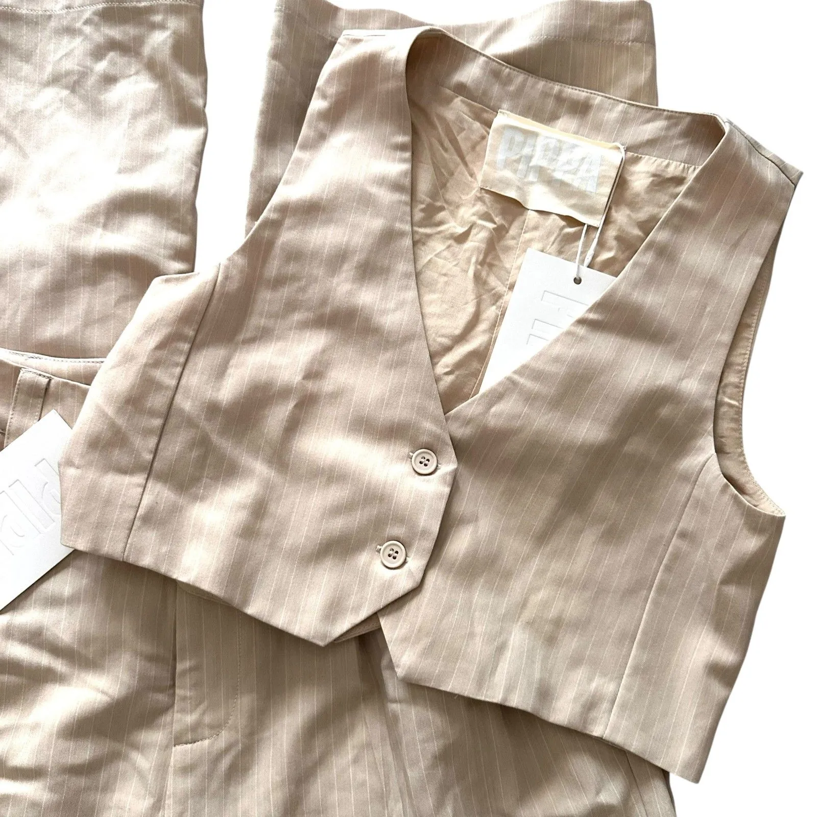 PIPPA THE LABEL Pinstriped Wide Leg Pant Vest Set NWT Small Tan - Image 3