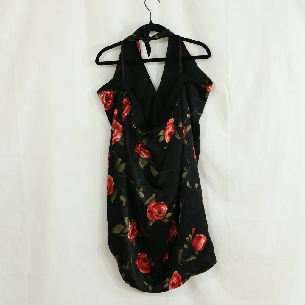 Valerie Stevens 100% Silk Halter Top | Black w/ Red Rose Print | 22” PTP XL - Image 4
