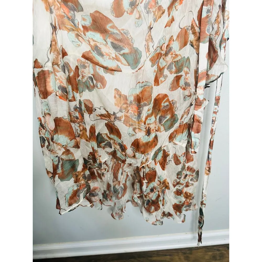 TANYA TAYLOR Floral Brown White Wrap Ruffle Sleeves Floral Blaire Dress Size 4 - Image 9