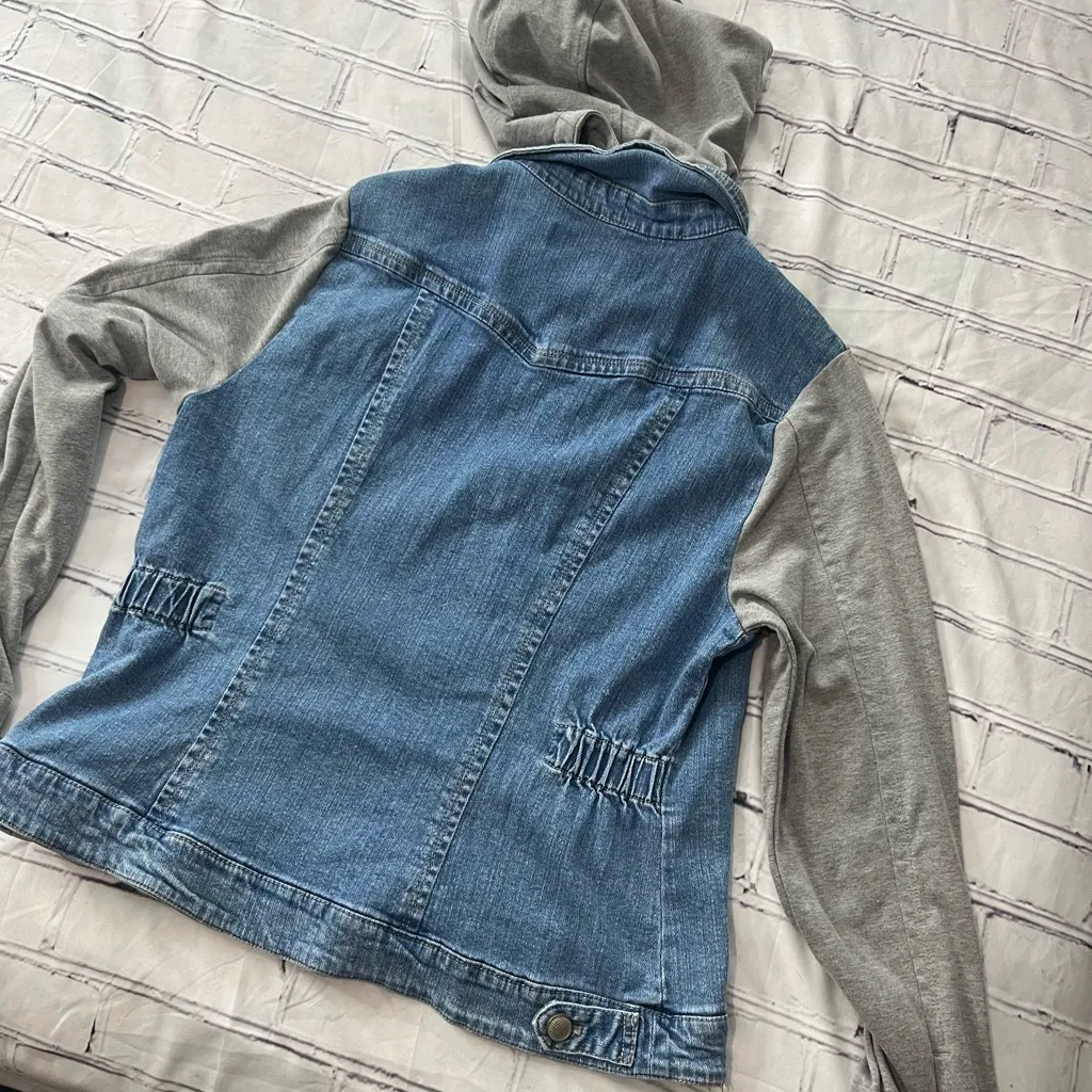 Vintage Live a Little Denim Hoodie Jean Jacket Women’s XL Gray Knit Sleeves Blue - Image 11