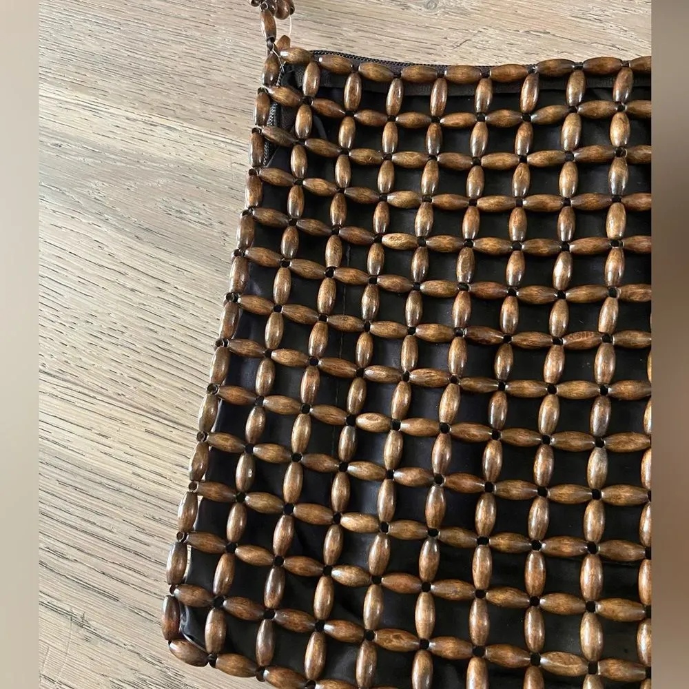 Vintage Wooden Bead Crossbody Bag Boho Brown Woven Shoulder Purse Handmade - Image 5