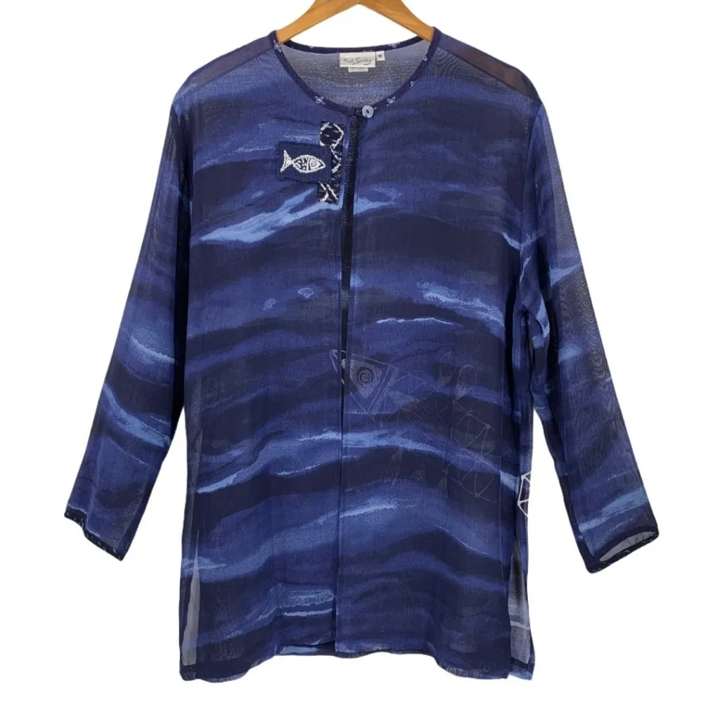 K.D. Spring Sheer Navy & White Batik Fish Print Jacket Artsy Rayon Crepe Size M Blue Size M - Image 2