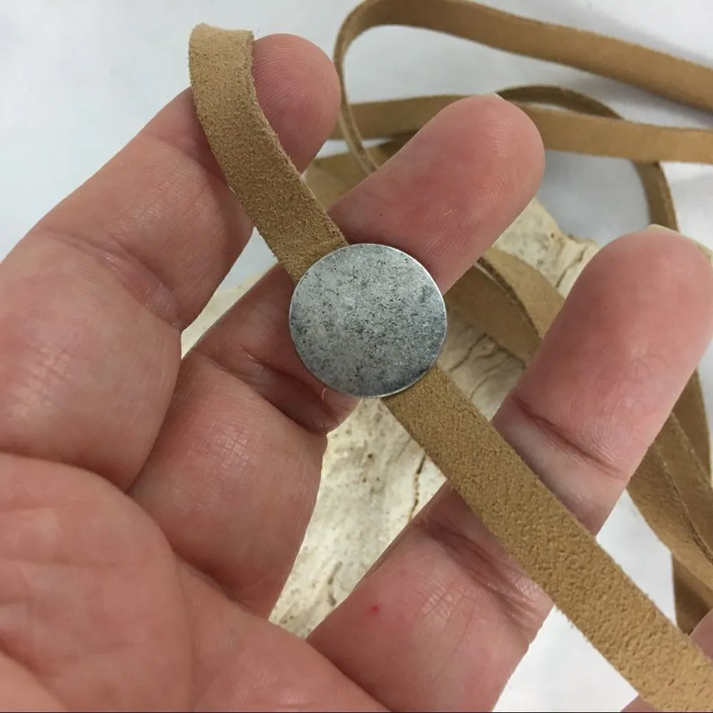 Leather Wrap brushed silver disk Lariat choker Tan - Image 3