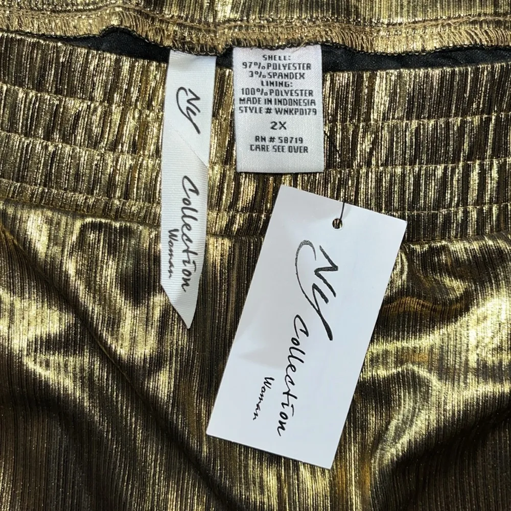 NY Collection Woman NWT Sz 2X Metallic Gold Elastic Waist Pull On Wide Leg Pants - Image 3