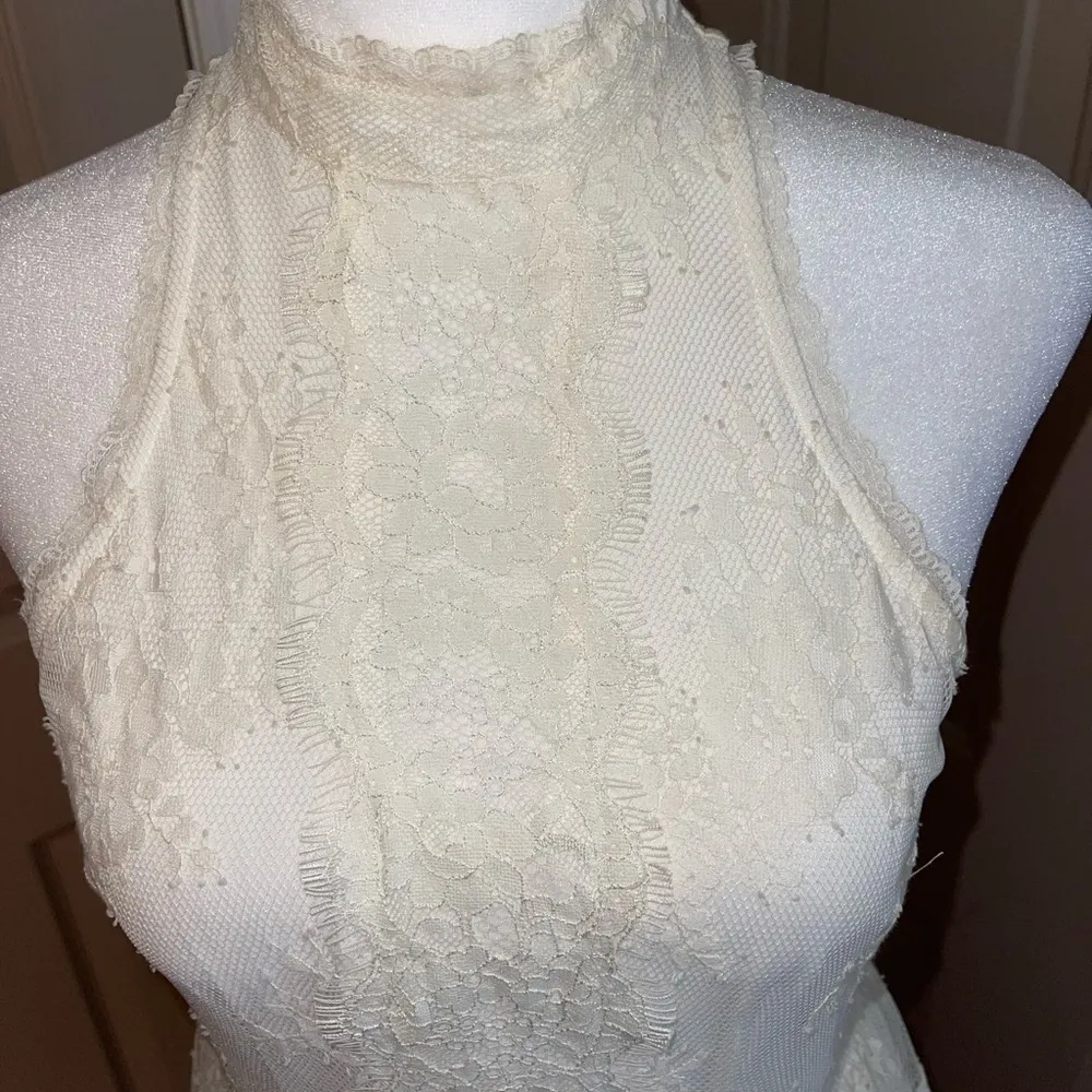 Free People lace mock neck keyhole back fitted flare dress. - Image 2