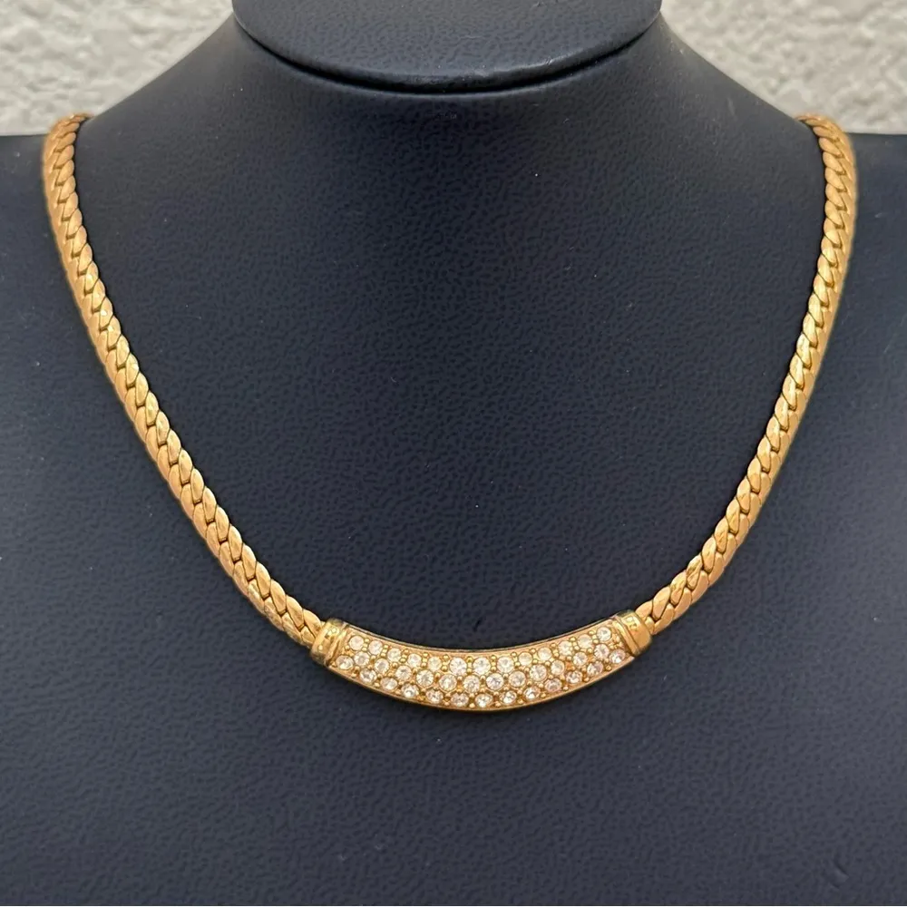 Vintage CD CHRISTIAN DIOR Gold Tone Pave Rhinestones Statement Necklace 24g. - Image 4