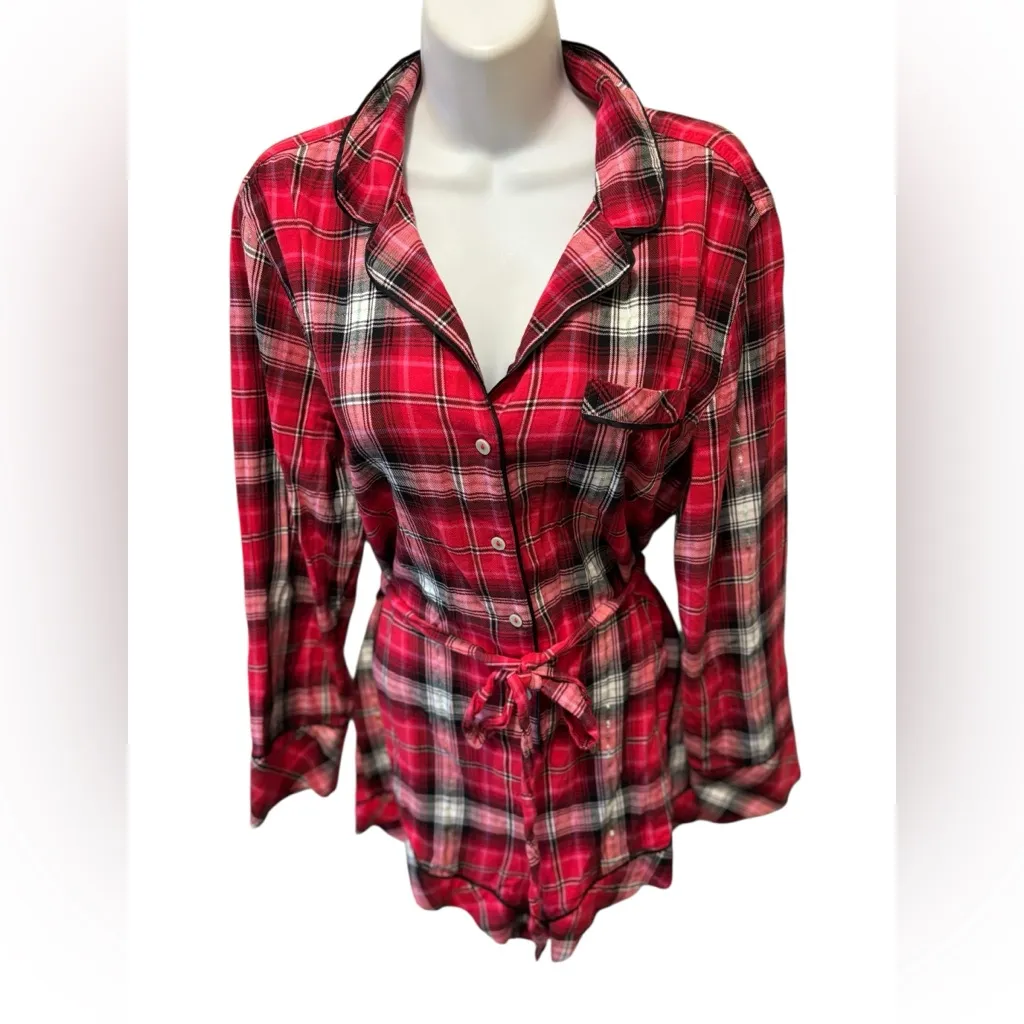 Victoria’s Secret Plaid Flannel Romper Sleepwear M Red Belted Button Up Preppy - Image 4
