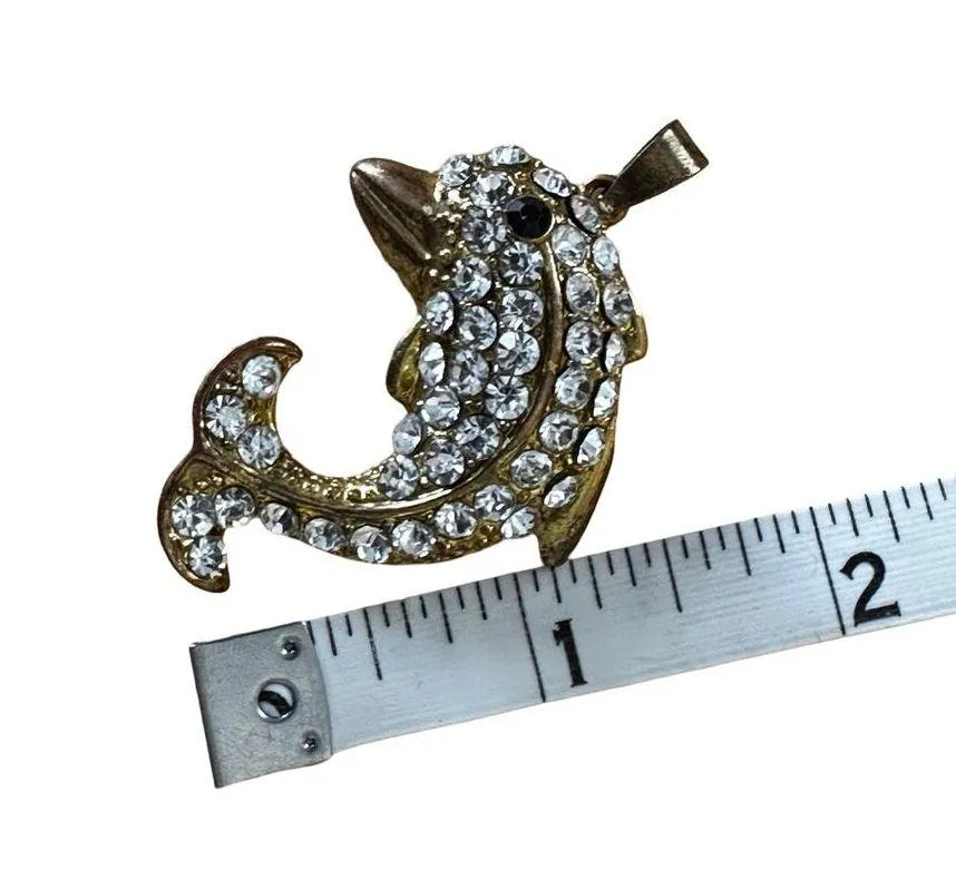 Vintage Rhinestone Dolphin Pendant Gold - Image 3