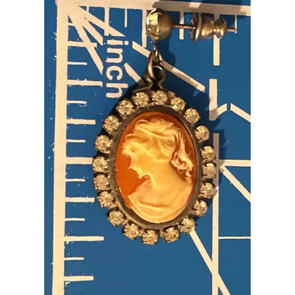 Vintage Victorian Style Cameo Earrings Silver Tone Rhinestone Border 1.5" Estate Orange - Image 5