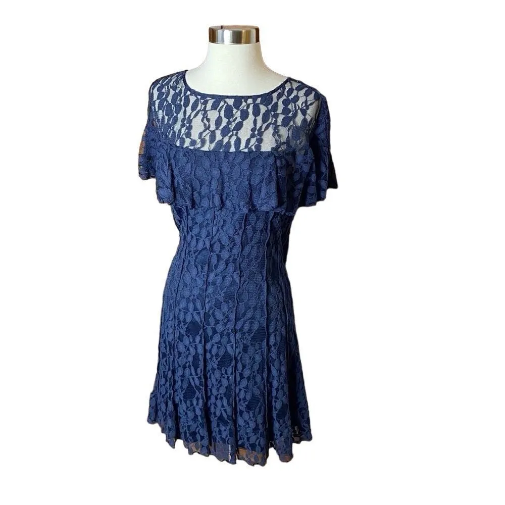 Jessica Howard Navy Lace Shoulder Ruffle Cocktail Dress - Image 2