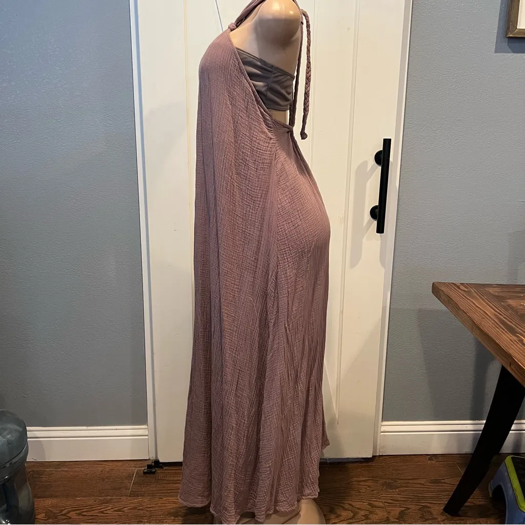 Crinkled gauze women’s 2 piece halter maxi dress Dusty Rose M Beachy coastal Size M - Image 4