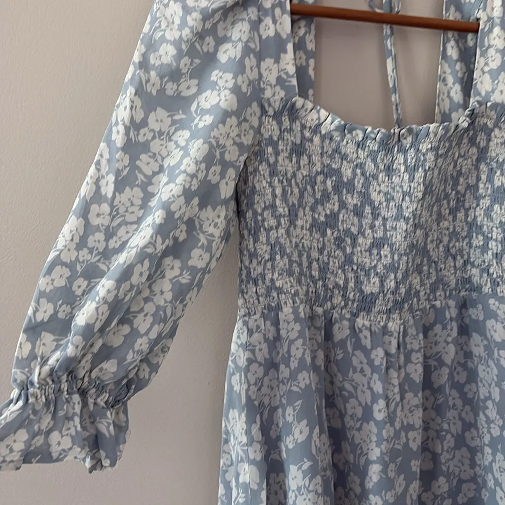 REFORMATION Zaria Dress Sofie Smocked Floral Blue Tie Back Puff Sleeve Size M - Image 5