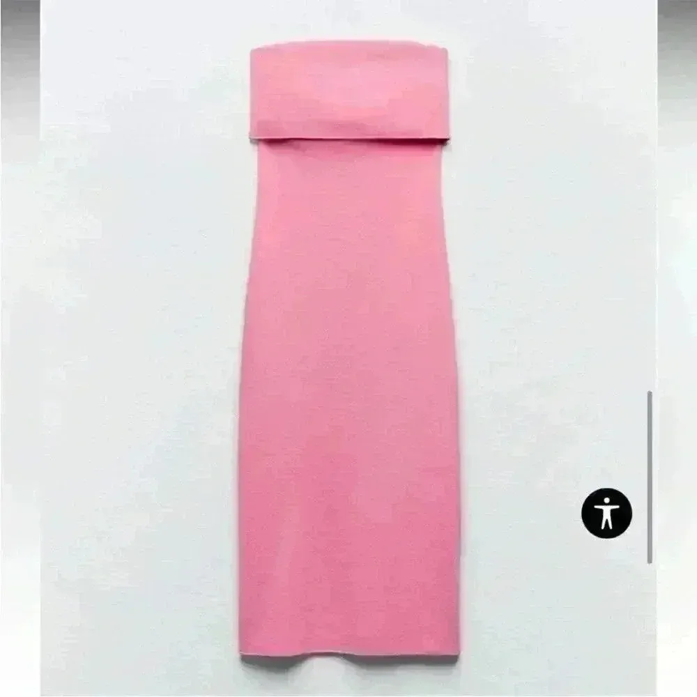 STRAPLESS STRETCH KNIT DRESS HOT PINK - Image 2