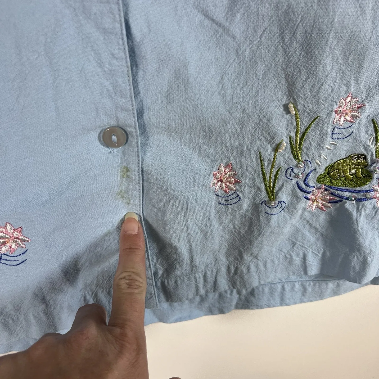 Jane Ashley Blue Floral Frogs Embroidered Y2k 90s Top Button Up XL Shirt Sequins - Image 6