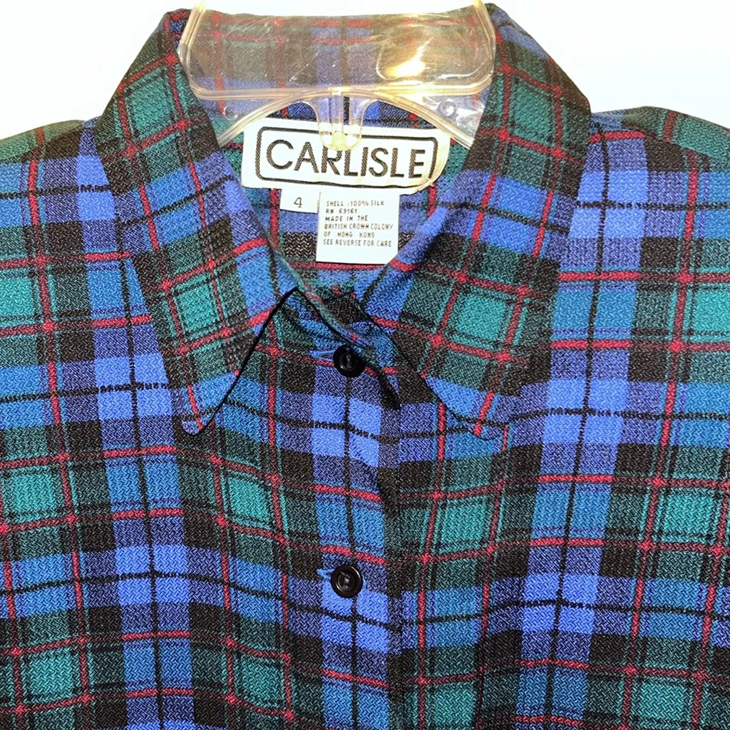 Vintage Silk Plaid Blouse with shoulder pads - Image 3