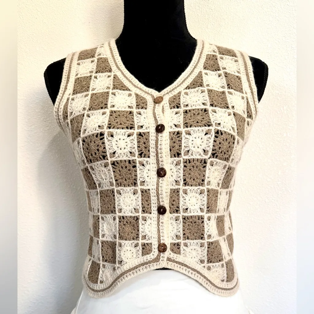 Vintage Crochet Granny Square Vest Brown - Image 2