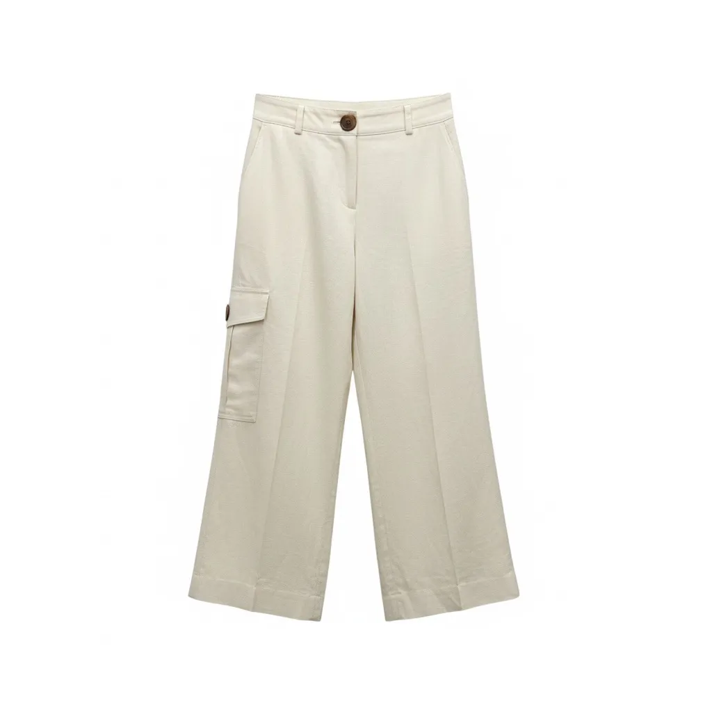 Anne Klein Cream Wide-Leg Cropped Linen Cargo Pants Size 12 Women’s - Image 3