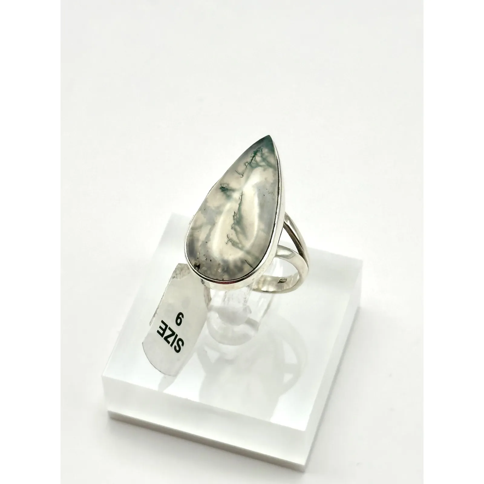 Moss Agate Tear Drop Sterling Silver Handmade Ring Size 8.75 - Image 3