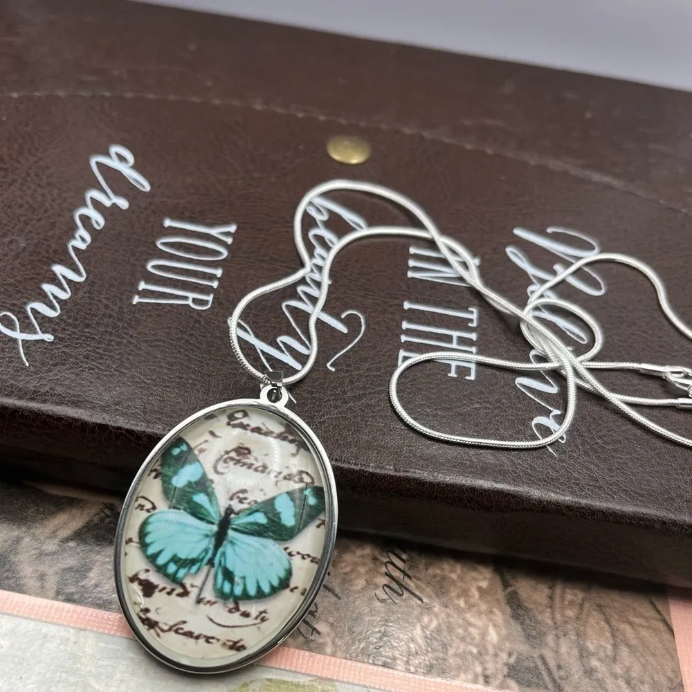Blue Butterfly Art Pendant Necklace Stainless Steel Chain 20” Boho Jewelry - Image 13