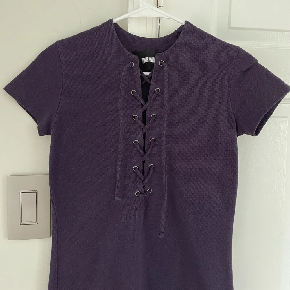 Reformation Mini Dress XXS Caroline Lace Up Shirt Purple Pique Boho Y2K Festive - Image 4