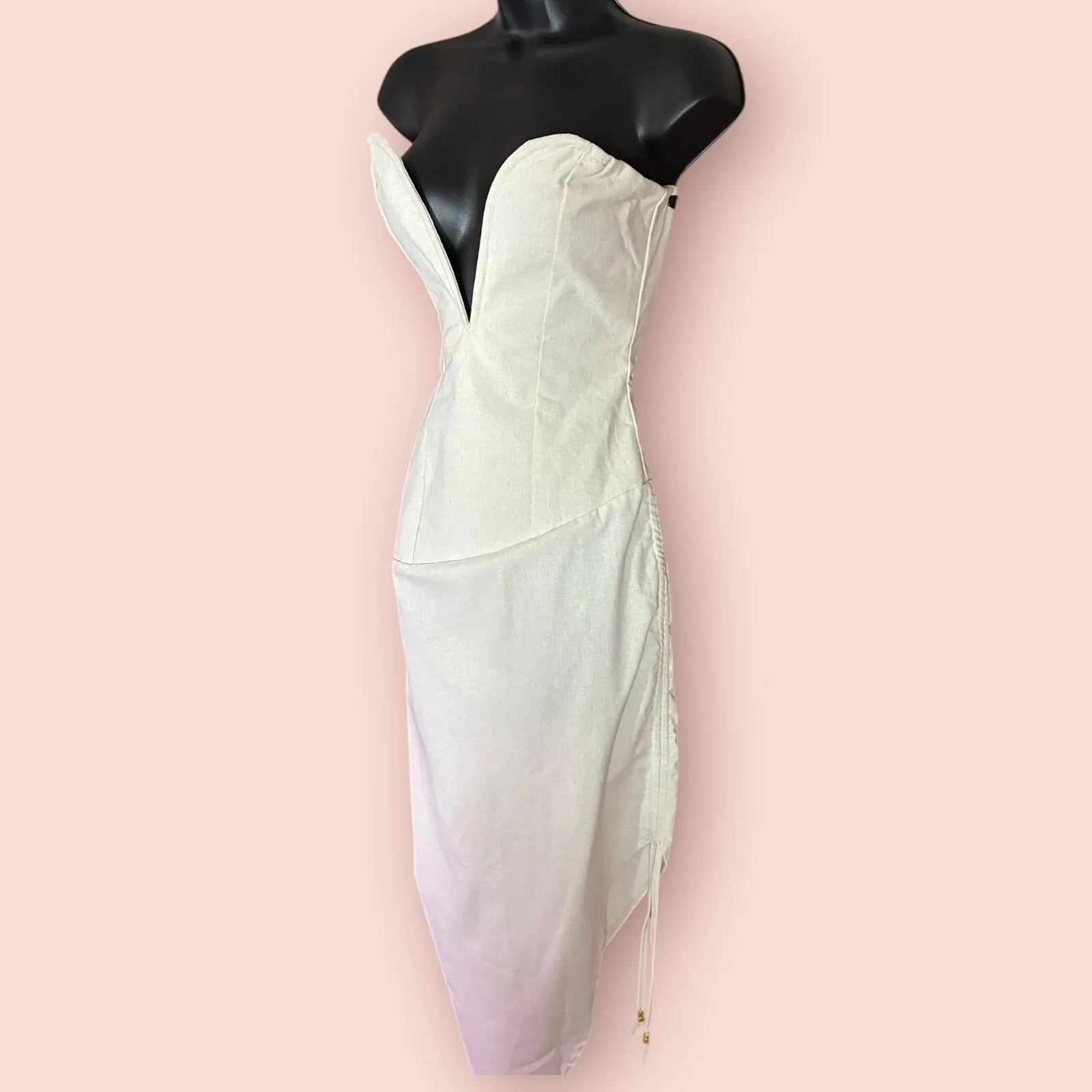 NWT Label Lab White Ruched Strapless Plunge Midi Dress Size 0 Cocktail Party PLT - Image 2