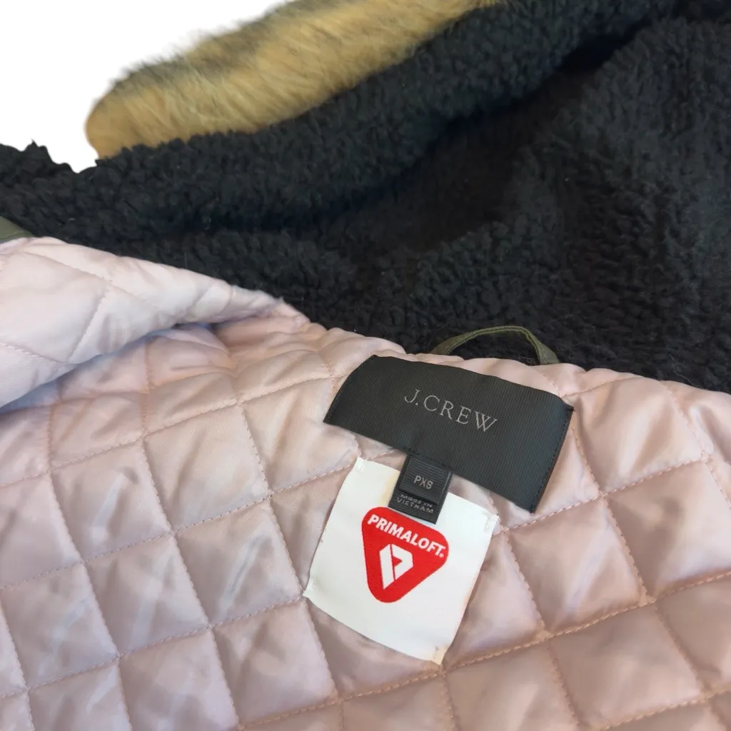 J.Crew Olive Green Utility Parka Petite XS Faux Fur Hood PrimaLoft Jacket EUC - Image 9