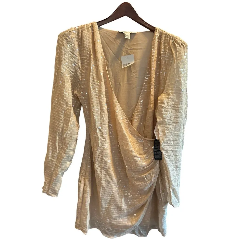 Forever 21 Sequin Draped Mini Dress Beige V-Neck‎ Party Size M - Image 2