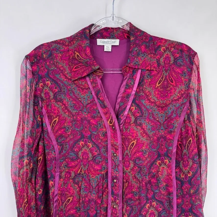 Vintage Coldwater Creek Button Front Top Womens PXL Pink Paisley Silk Fairy Boho - Image 3