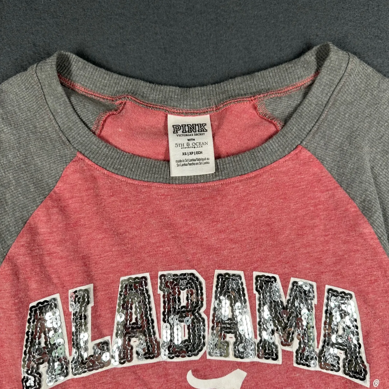 Alabama Roll Tide Roll Tee XS PINK Victorias Secret Red‎ Sequin Raglan Sleeve - Image 3