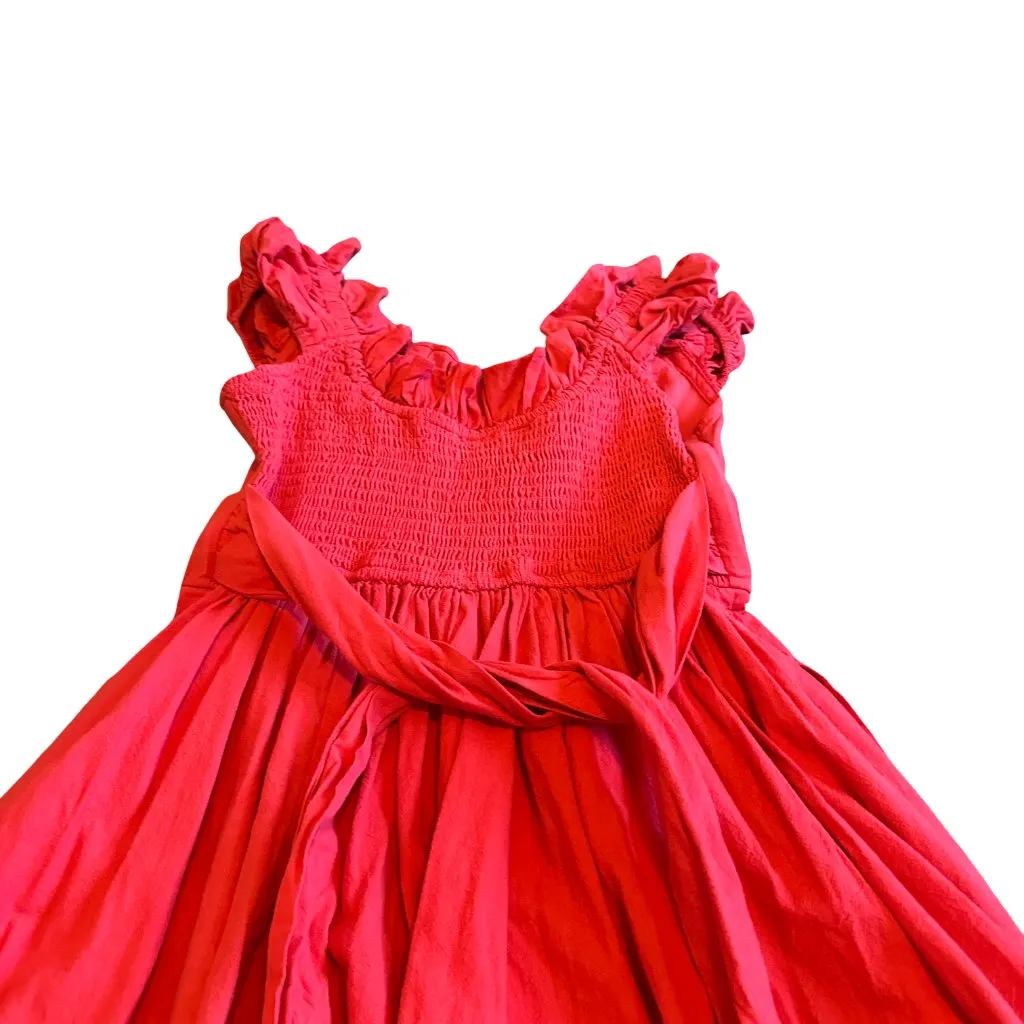 Free People 100% Cotton Red Midi Dress Ruffle Smocked Tie Back Size Small - Image 8