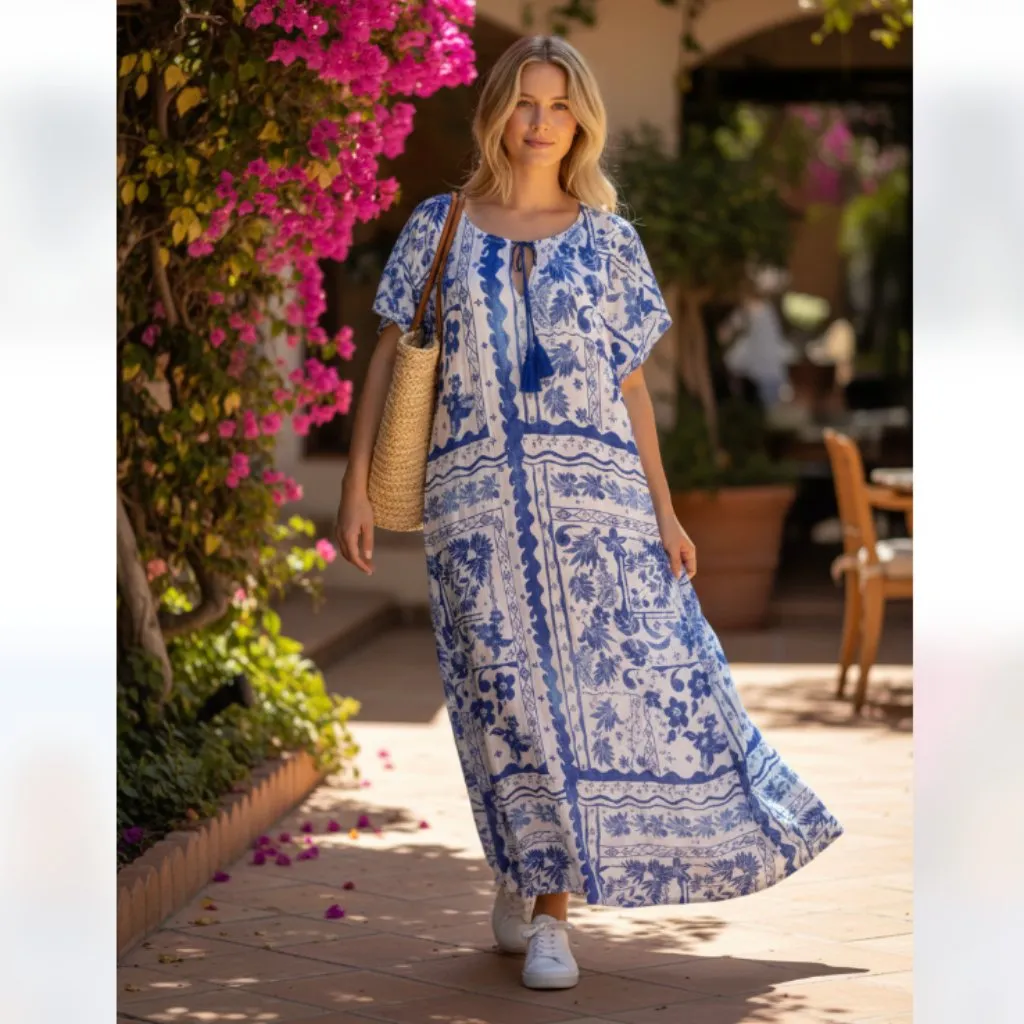 NWOT Joie Summer Beach Maxi Dress Linen Blend Blue White  Tassel - Image 2