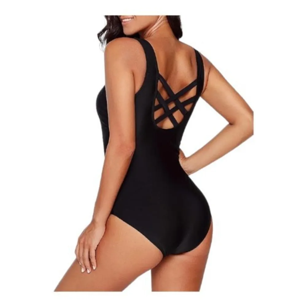 Black Criss Cross Black Modest Swimsuit Athletic Size XXL NWT #0540 - Image 2