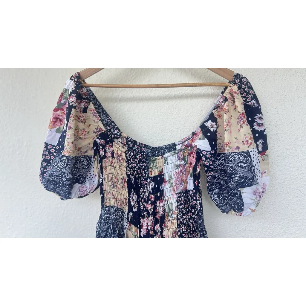 Kimchi Blue Patchwork Floral Puff Sleeve Romper Women's Size Small Boho Cottage - Image 5