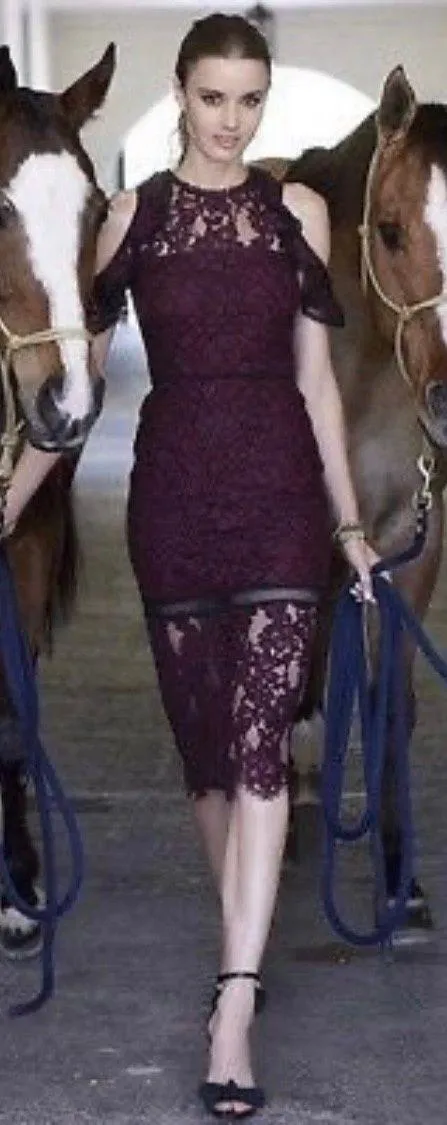 Alexis Evie women’s burgundy cold shoulder lace midi sheath dress size S small - Image 11