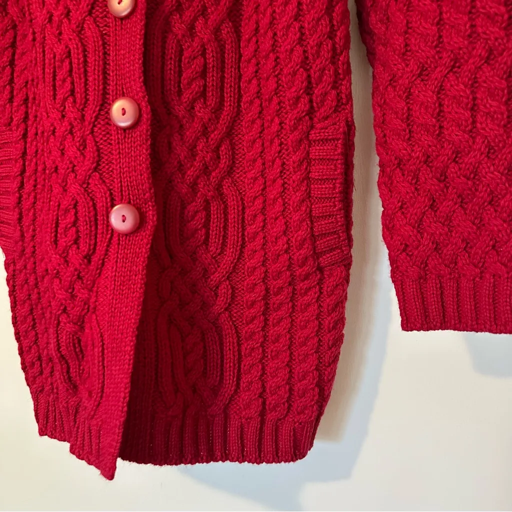 Aran Crafts Merino Wool Fisherman Cable Knit Hooded Button Front Sweater Womens Red Size XXS - Image 2